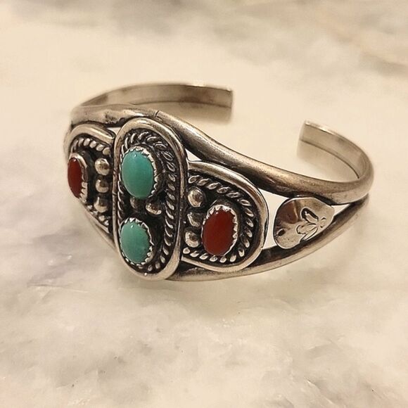 Mary S Lew Native American Navajo Signed Sterling Silver Turquoise Coral Cuff - Picture 1 of 16